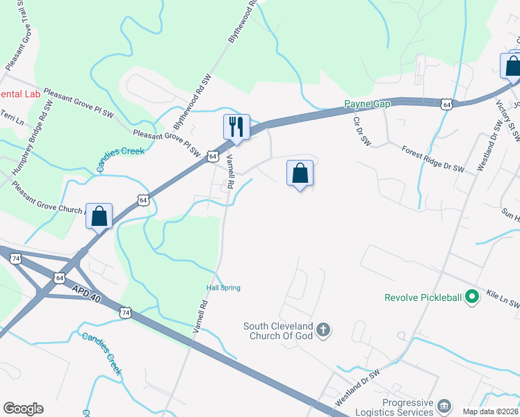 map of restaurants, bars, coffee shops, grocery stores, and more near 2305 Varnell Road in Cleveland