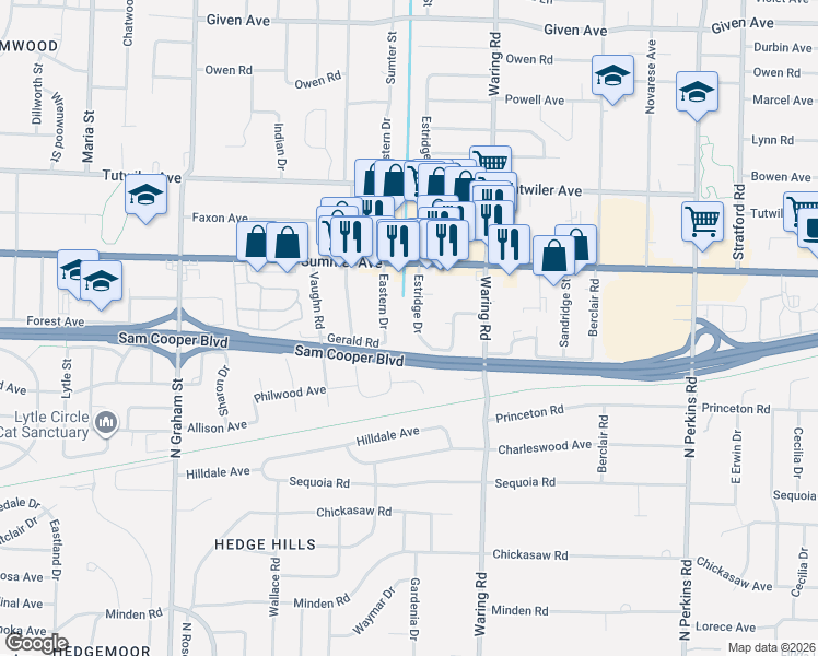 map of restaurants, bars, coffee shops, grocery stores, and more near 591 Estridge Drive in Memphis