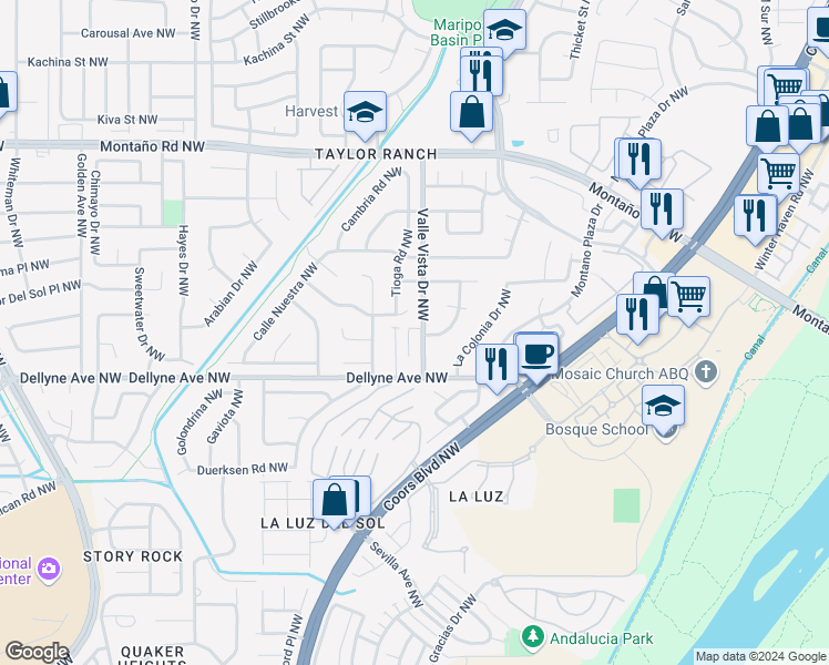 map of restaurants, bars, coffee shops, grocery stores, and more near 5305 Valle Vista Drive Northwest in Albuquerque