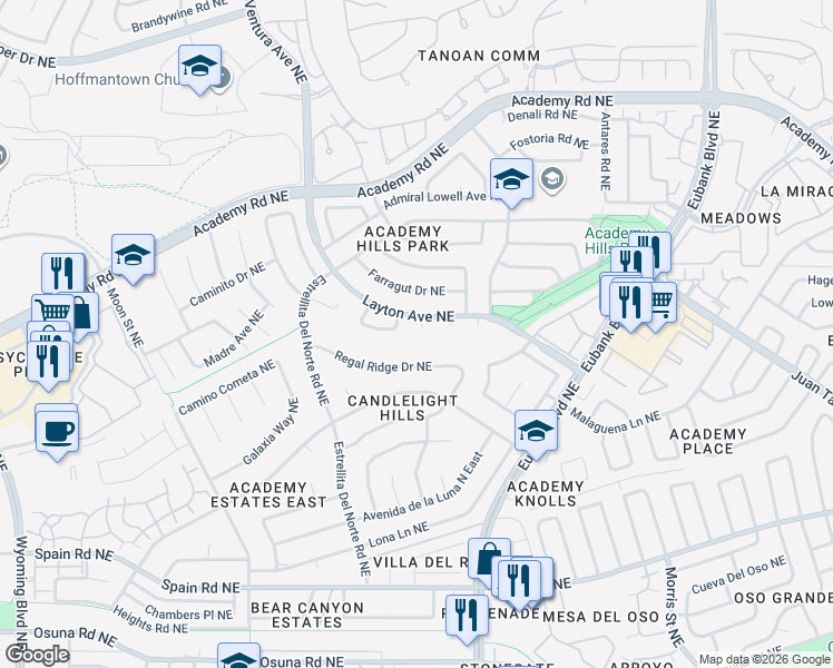 map of restaurants, bars, coffee shops, grocery stores, and more near 9412 Layton Court Northeast in Albuquerque