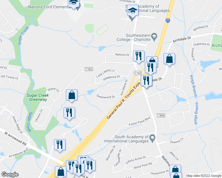 map of restaurants, bars, coffee shops, grocery stores, and more near 451 Presidents Court in Charlotte