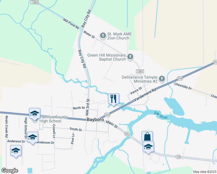 map of restaurants, bars, coffee shops, grocery stores, and more near 105 Farnell Street in Bayboro