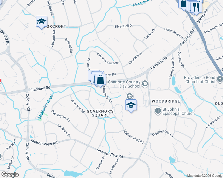 map of restaurants, bars, coffee shops, grocery stores, and more near 4612 Simsbury Road in Charlotte