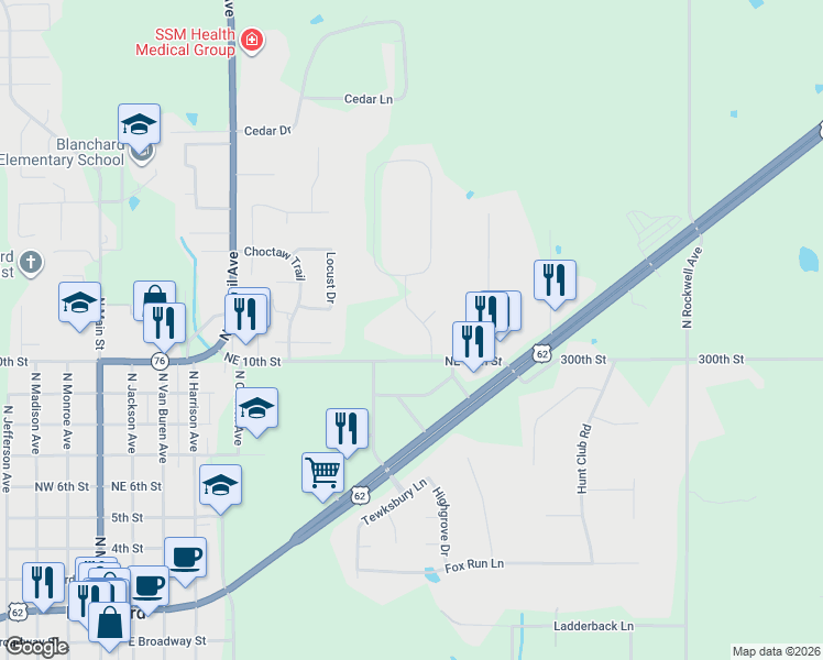 map of restaurants, bars, coffee shops, grocery stores, and more near 1060 Parrish Place in Blanchard