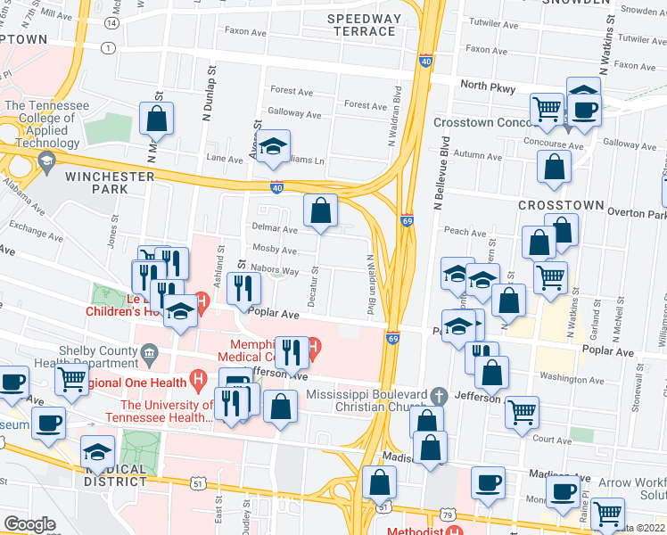 map of restaurants, bars, coffee shops, grocery stores, and more near Merriwether Ave & Cochran Pl in Memphis