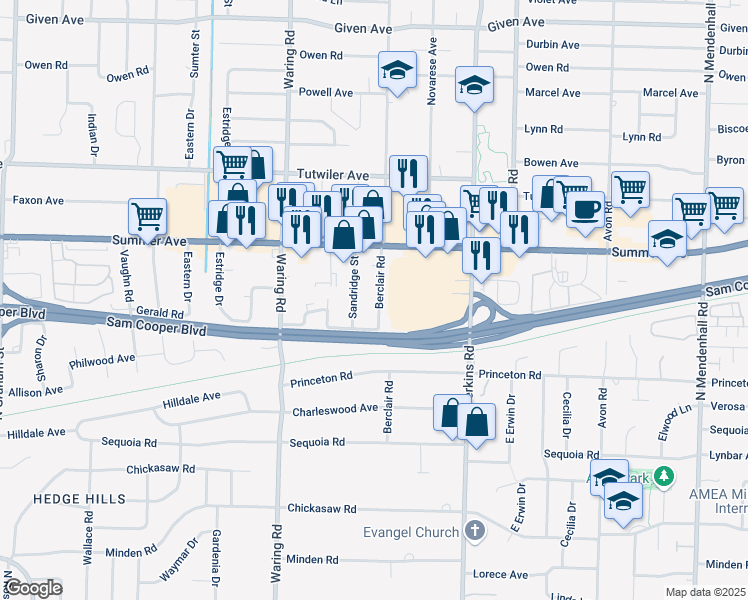 map of restaurants, bars, coffee shops, grocery stores, and more near 569 Berclair Road in Memphis