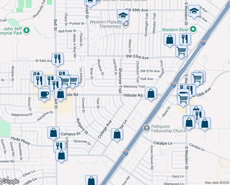 map of restaurants, bars, coffee shops, grocery stores, and more near 6000 Shawnee Trail in Amarillo