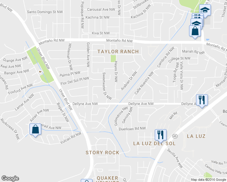 map of restaurants, bars, coffee shops, grocery stores, and more near 5313 Hayes Drive Northwest in Albuquerque