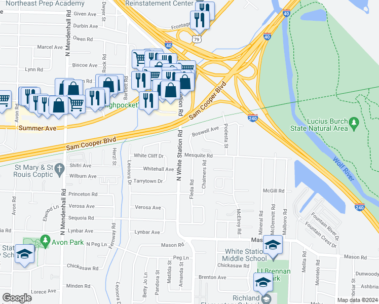 map of restaurants, bars, coffee shops, grocery stores, and more near 5231 Mesquite Road in Memphis