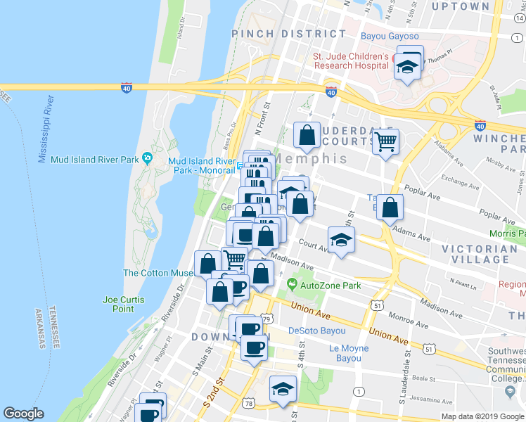 map of restaurants, bars, coffee shops, grocery stores, and more near 130 North Court Avenue in Memphis