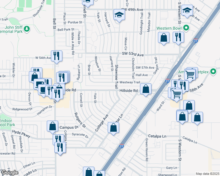 map of restaurants, bars, coffee shops, grocery stores, and more near 5210 Hillside Road in Amarillo