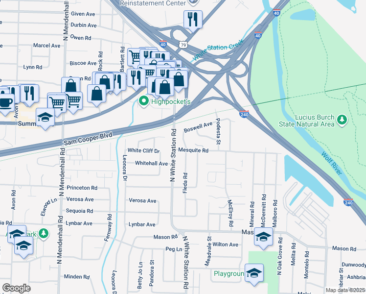 map of restaurants, bars, coffee shops, grocery stores, and more near 5231 Mesquite Road in Memphis