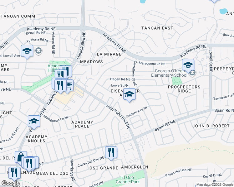 map of restaurants, bars, coffee shops, grocery stores, and more near 5732 Bartonwood Place Northeast in Albuquerque