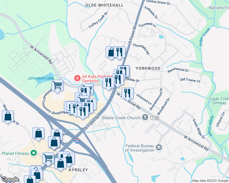map of restaurants, bars, coffee shops, grocery stores, and more near South Tryon Street & West Arrowood Road in Charlotte