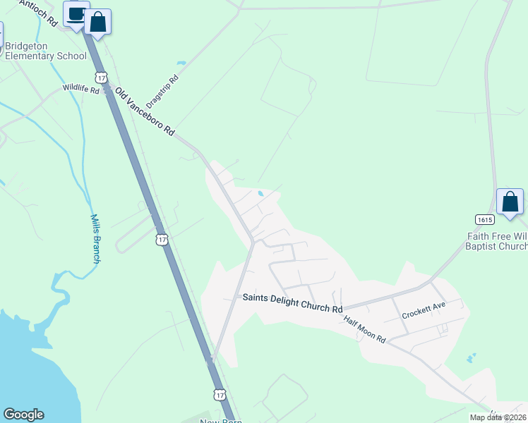 map of restaurants, bars, coffee shops, grocery stores, and more near 107 Jessie Lane in New Bern