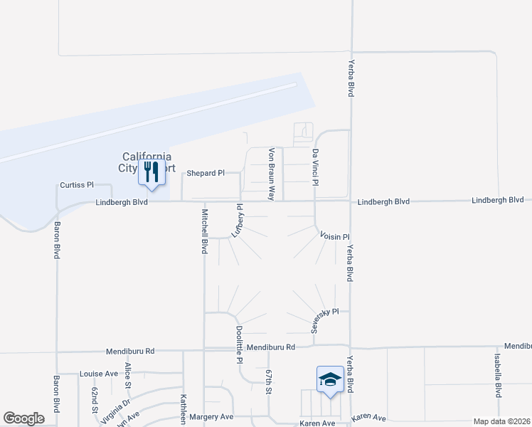 map of restaurants, bars, coffee shops, grocery stores, and more near Rickenbacker Court in California City