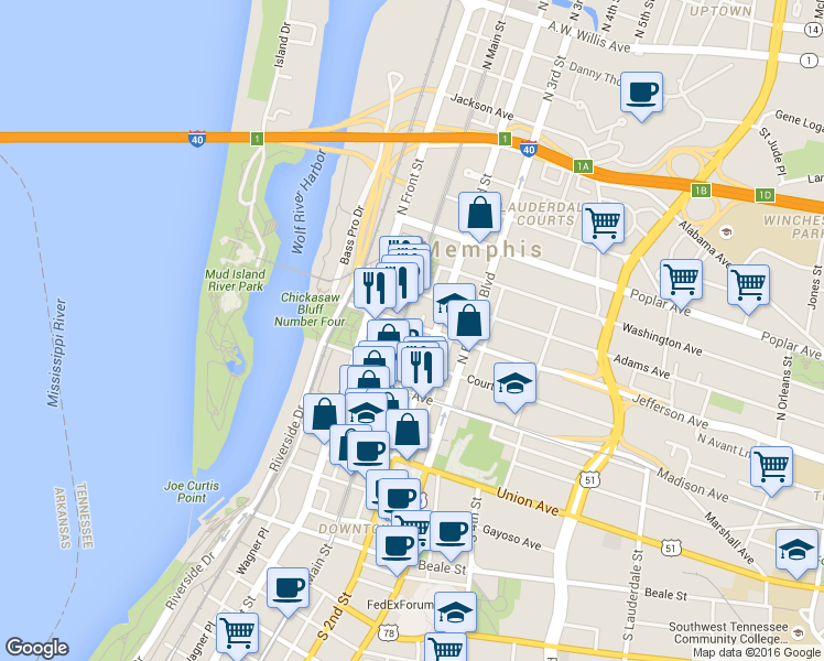 map of restaurants, bars, coffee shops, grocery stores, and more near 130 North Court Avenue in Memphis