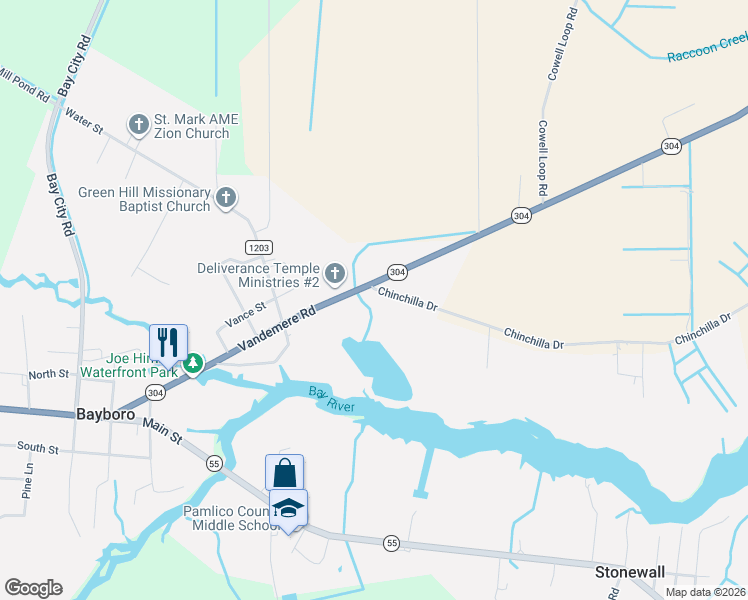 map of restaurants, bars, coffee shops, grocery stores, and more near 106 Chinchilla Drive in Bayboro
