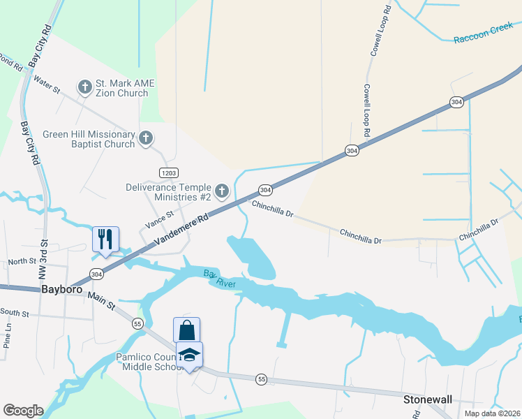 map of restaurants, bars, coffee shops, grocery stores, and more near 106 Chinchilla Drive in Bayboro
