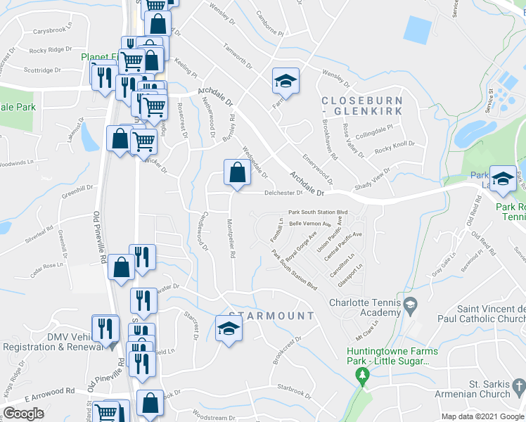map of restaurants, bars, coffee shops, grocery stores, and more near 3428 Park South Station Boulevard in Charlotte