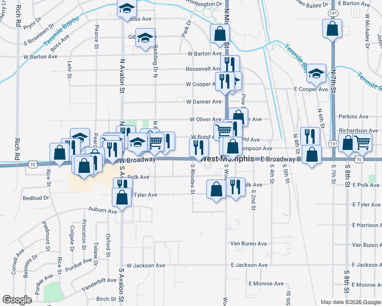 map of restaurants, bars, coffee shops, grocery stores, and more near 203 West Broadway in West Memphis