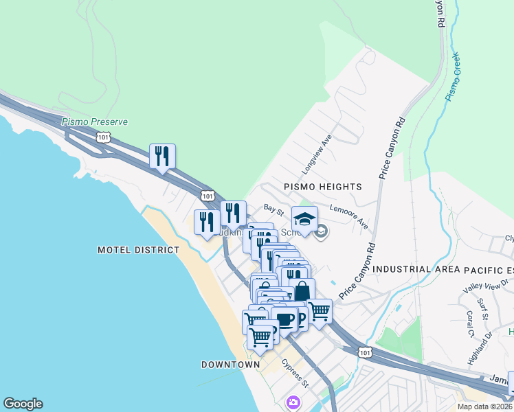 map of restaurants, bars, coffee shops, grocery stores, and more near 1410 Bello Street in Pismo Beach