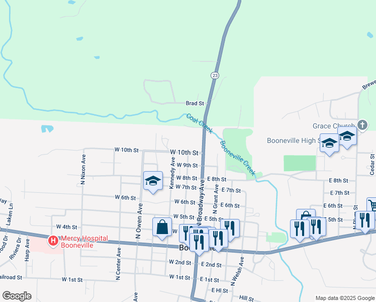 map of restaurants, bars, coffee shops, grocery stores, and more near 97 West 10th Street in Booneville