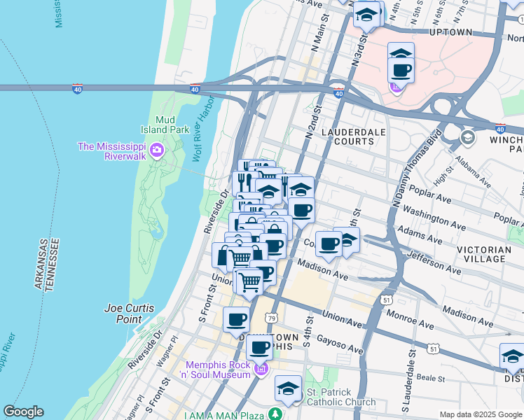 map of restaurants, bars, coffee shops, grocery stores, and more near 62 North Main Street in Memphis