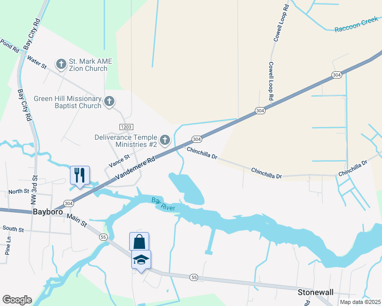 map of restaurants, bars, coffee shops, grocery stores, and more near 104 Chinchilla Drive in Bayboro