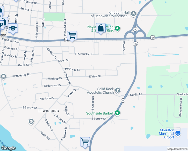 map of restaurants, bars, coffee shops, grocery stores, and more near 1402 East View Street in Morrilton
