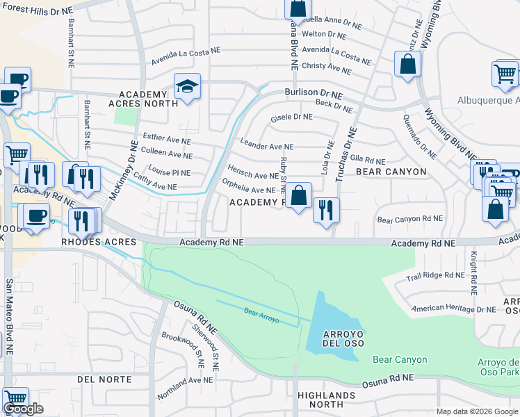 map of restaurants, bars, coffee shops, grocery stores, and more near 6721 Academy Road Northeast in Albuquerque