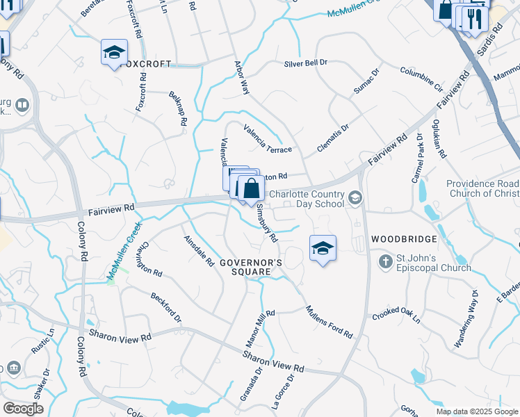 map of restaurants, bars, coffee shops, grocery stores, and more near 4614 Simsbury Road in Charlotte