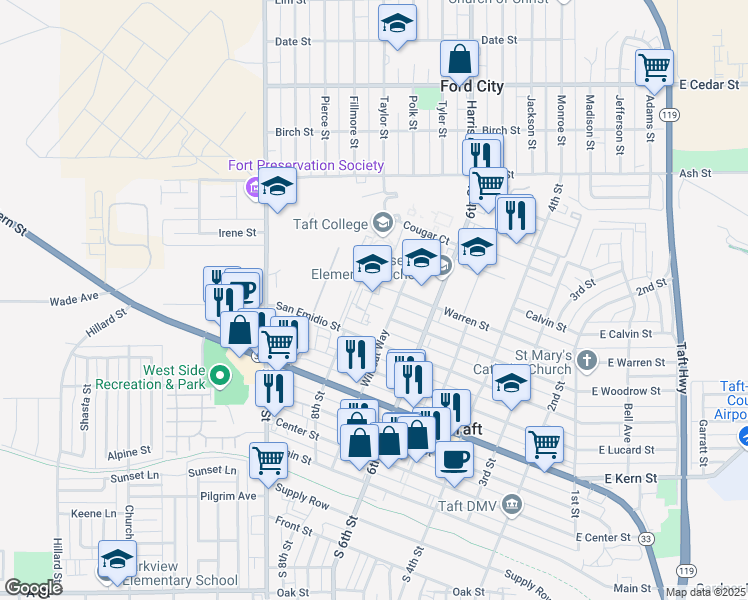 map of restaurants, bars, coffee shops, grocery stores, and more near 701 7th Street in Taft