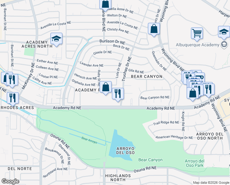 map of restaurants, bars, coffee shops, grocery stores, and more near 6739 Academy Road Northeast in Albuquerque