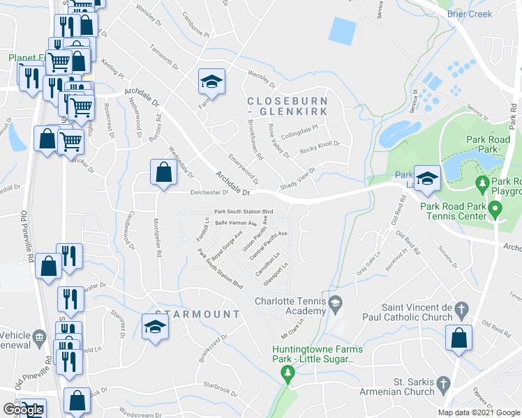 map of restaurants, bars, coffee shops, grocery stores, and more near 2235 Belle Vernon Avenue in Charlotte