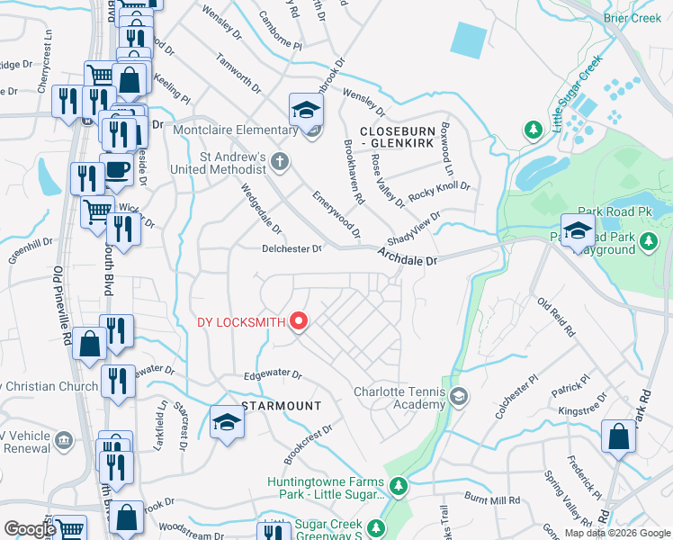 map of restaurants, bars, coffee shops, grocery stores, and more near 2235 Belle Vernon Avenue in Charlotte