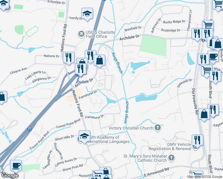 map of restaurants, bars, coffee shops, grocery stores, and more near in Charlotte