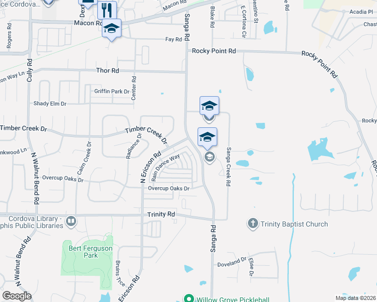 map of restaurants, bars, coffee shops, grocery stores, and more near 783 North Sanga Road in Memphis