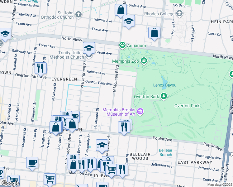 map of restaurants, bars, coffee shops, grocery stores, and more near 323 North McLean Boulevard in Memphis