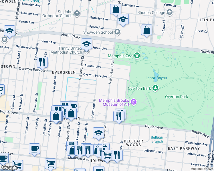 map of restaurants, bars, coffee shops, grocery stores, and more near 323 North McLean Boulevard in Memphis
