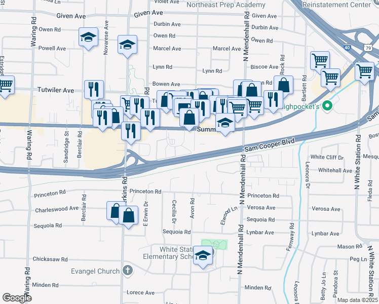 map of restaurants, bars, coffee shops, grocery stores, and more near 580 Cadraca Drive in Memphis