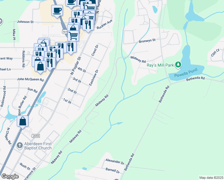 map of restaurants, bars, coffee shops, grocery stores, and more near North Munday Road in Moore County