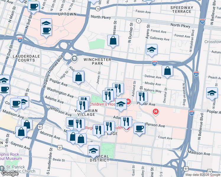 map of restaurants, bars, coffee shops, grocery stores, and more near 230 North Manassas Street in Memphis