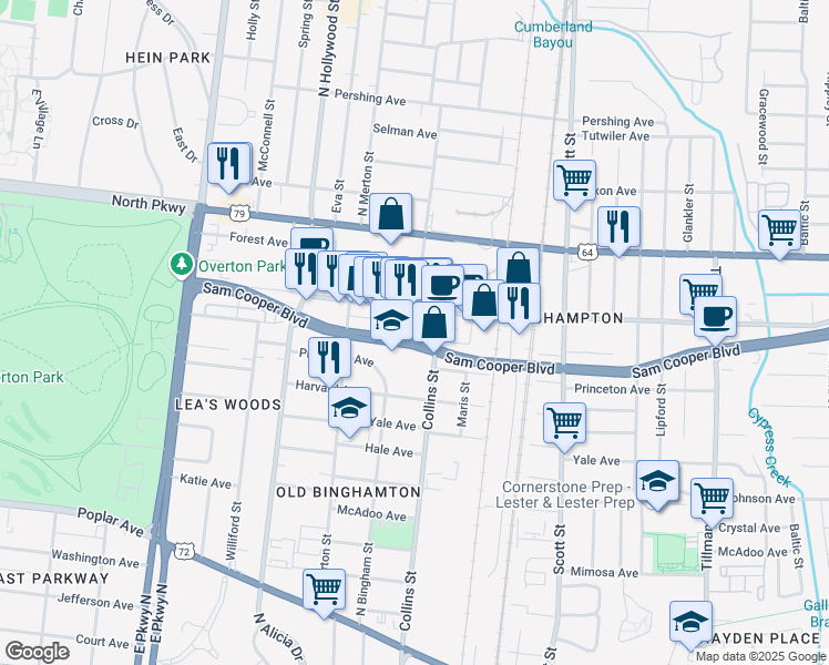 map of restaurants, bars, coffee shops, grocery stores, and more near 2596 Sam Cooper Boulevard in Memphis