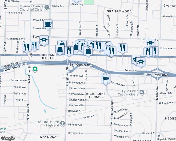 map of restaurants, bars, coffee shops, grocery stores, and more near 3607 Galloway Avenue in Memphis