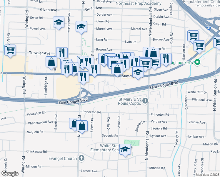 map of restaurants, bars, coffee shops, grocery stores, and more near 574 Cadraca Drive in Memphis