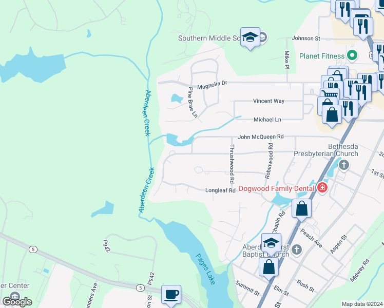 map of restaurants, bars, coffee shops, grocery stores, and more near 721 Sun Road in Aberdeen