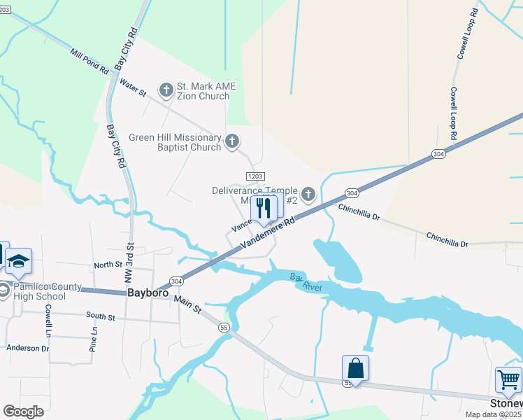 map of restaurants, bars, coffee shops, grocery stores, and more near 102 Water Street in Bayboro
