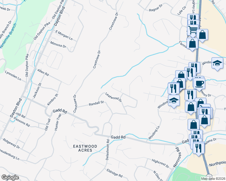 map of restaurants, bars, coffee shops, grocery stores, and more near 533 Leafwood Drive in Chattanooga