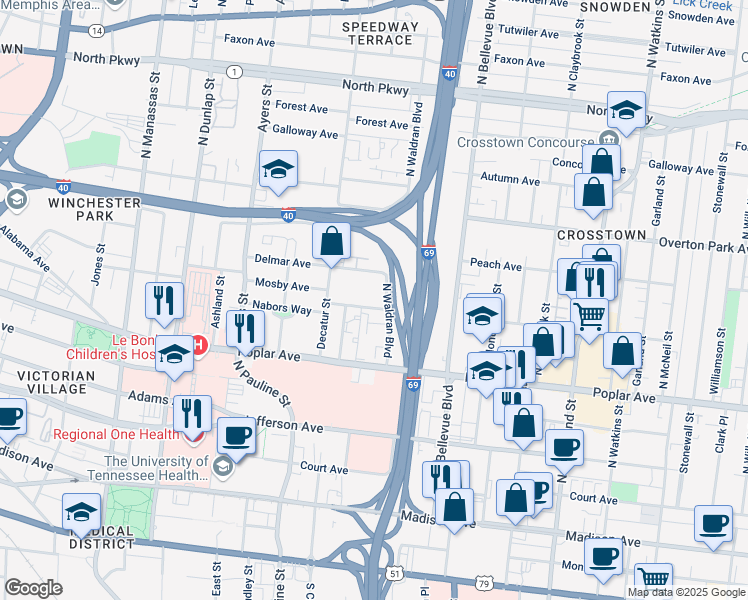 map of restaurants, bars, coffee shops, grocery stores, and more near 241 North Waldran Boulevard in Memphis